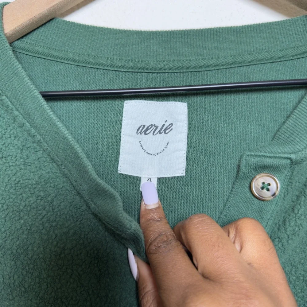 Aerie Women‎ Sherpa Henley Sweater XL Oversized Fleece Sweatshirt Green Lounge